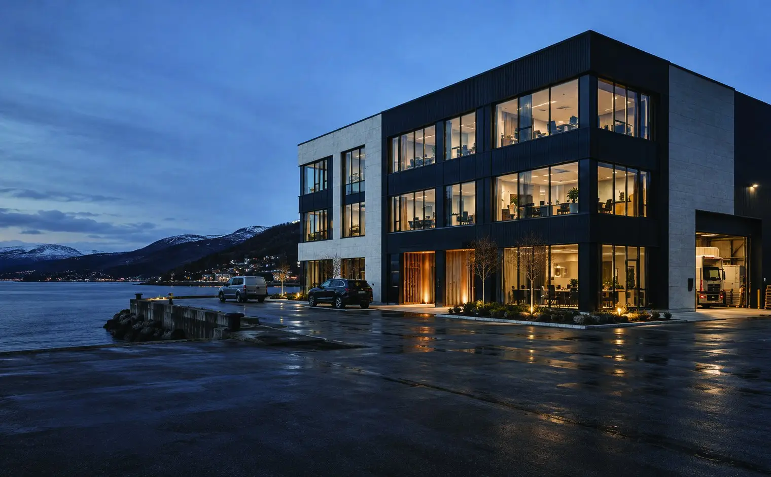 Commercial building by the sea at blue hour (illustration)